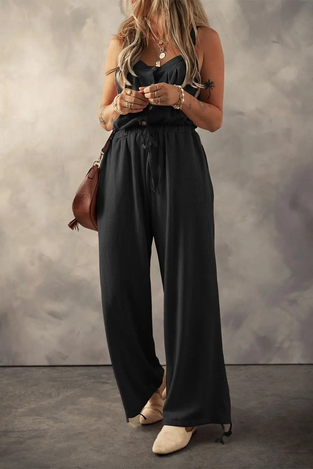 Black Knotted Straps Button Textured Drawstring Jumpsuit - Love Salve